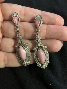 Pink Marquise Drop Earrings with Vintage Silver Detail